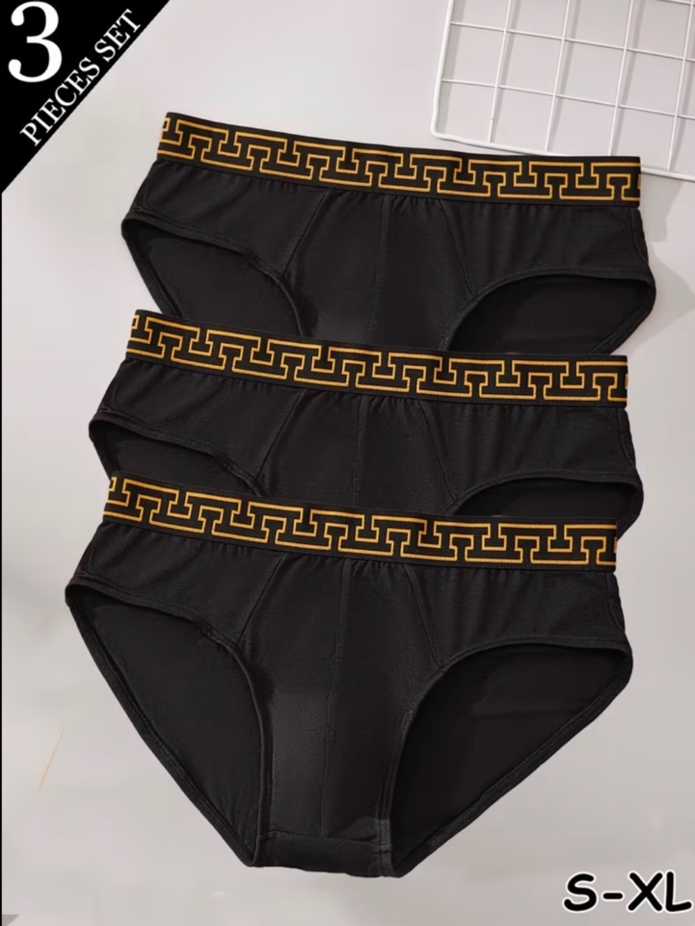 Black Briefs Set with Gold Geometric Waistband - 3 Pack